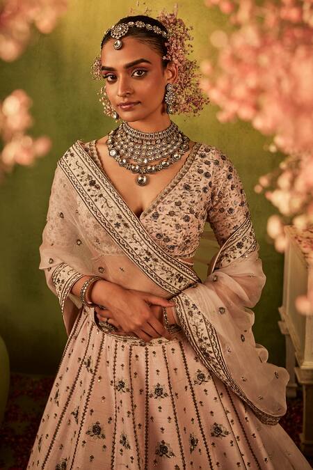 Shop Manvi Kapoor Pink Silk, Net, Organza Sequins, Cut Work, Zari V-neck Bridal Lehenga Set Online at Aza Fashions Shop_Manvi Kapoor_Pink Silk, Net, Organza Sequins, Cut Work, Zari V-neck Bridal Lehenga Set _Online_at_Aza_Fashions