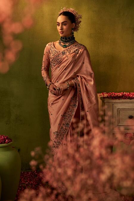 Buy_Manvi Kapoor_Pink Silk, Satin Sequins, Zari Round Neck Embroidered Saree Set _Online_at_Aza_Fashions