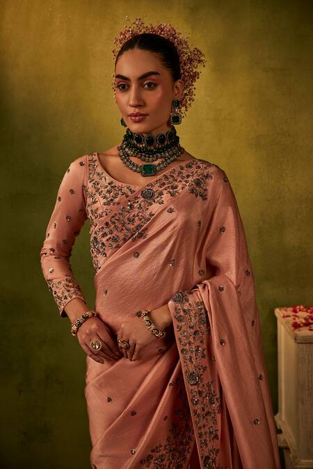Manvi Kapoor_Pink Silk, Satin Sequins, Zari Round Neck Embroidered Saree Set _at_Aza_Fashions