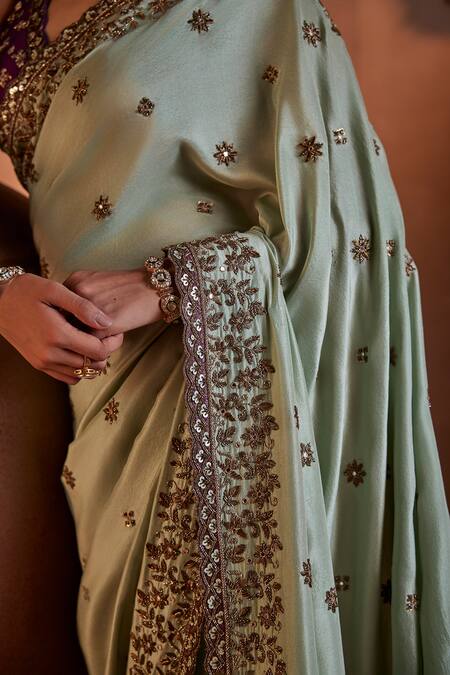 Manvi Kapoor_Green Silk, Satin, Brocade Sequins, Cut Work Floral Embroidered Saree Set _Online_at_Aza_Fashions