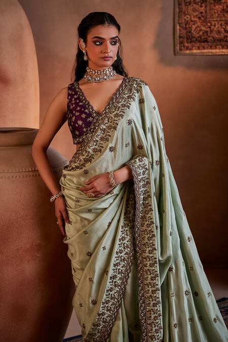 Buy_Manvi Kapoor_Green Silk, Satin, Brocade Sequins, Cut Work Floral Embroidered Saree Set _Online_at_Aza_Fashions