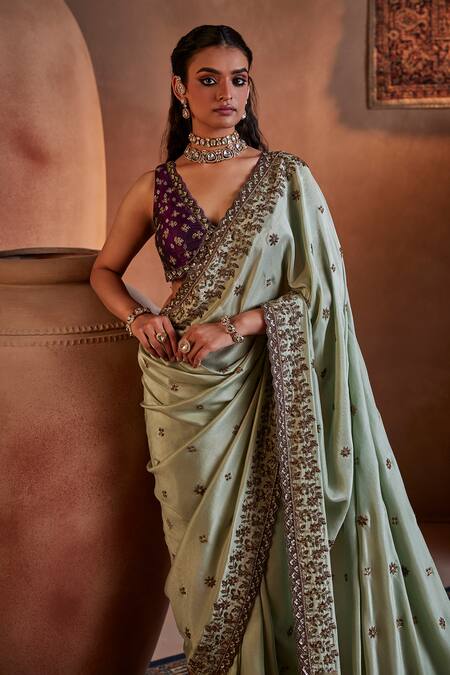 Shop_Manvi Kapoor_Green Silk, Satin, Brocade Sequins, Cut Work Floral Embroidered Saree Set _Online_at_Aza_Fashions