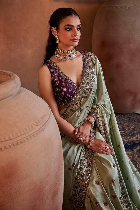 Manvi Kapoor_Green Silk, Satin, Brocade Sequins, Cut Work Floral Embroidered Saree Set _at_Aza_Fashions