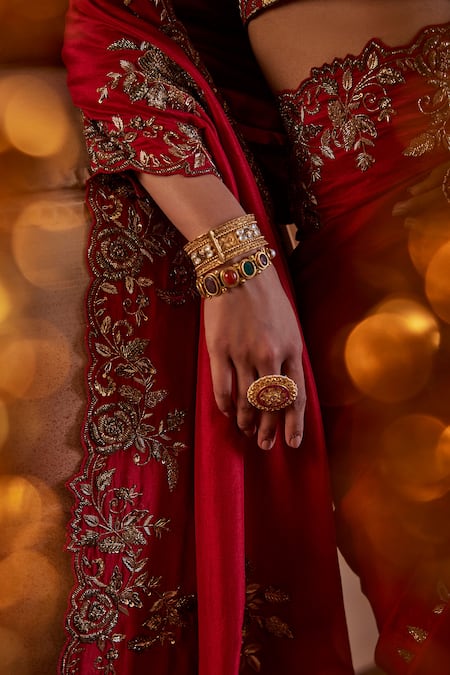 Buy Manvi Kapoor Red Silk, Satin Cut Work Round Neck Floral Cutdana Embroidered Saree Set Online at Aza Fashions Buy_Manvi Kapoor_Red Silk, Satin Cut Work Round Neck Floral Cutdana Embroidered Saree Set _Online_at_Aza_Fashions