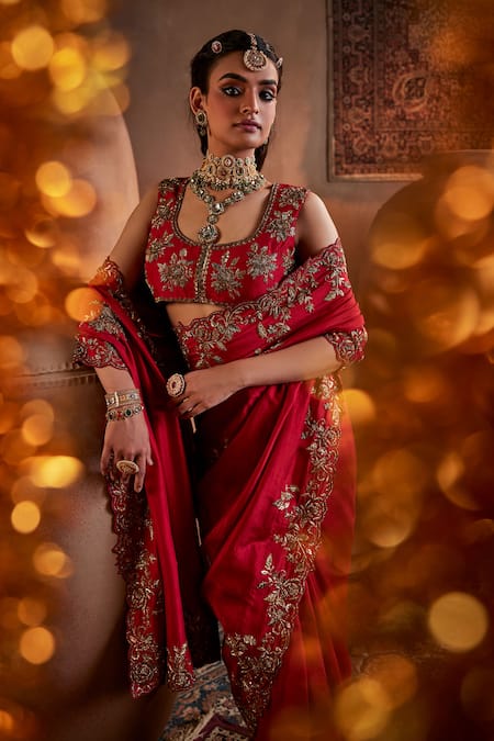 Shop Manvi Kapoor Red Silk, Satin Cut Work Round Neck Floral Cutdana Embroidered Saree Set Online at Aza Fashions Shop_Manvi Kapoor_Red Silk, Satin Cut Work Round Neck Floral Cutdana Embroidered Saree Set _Online_at_Aza_Fashions