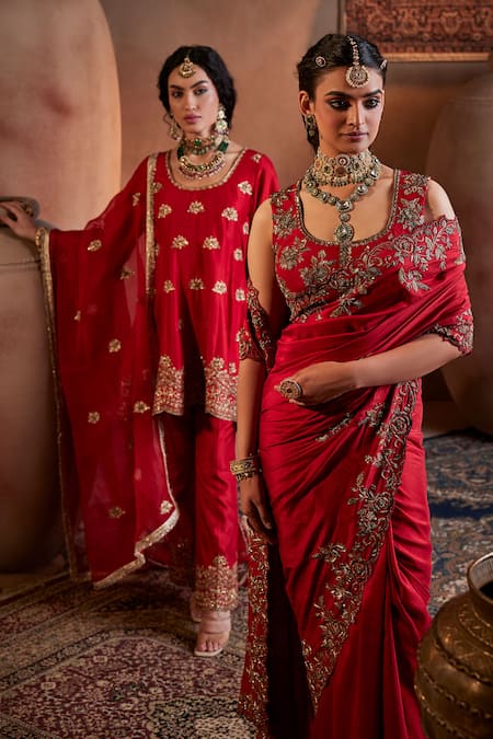Buy Manvi Kapoor Red Silk, Satin Cut Work Round Neck Floral Cutdana Embroidered Saree Set Buy_Manvi Kapoor_Red Silk, Satin Cut Work Round Neck Floral Cutdana Embroidered Saree Set