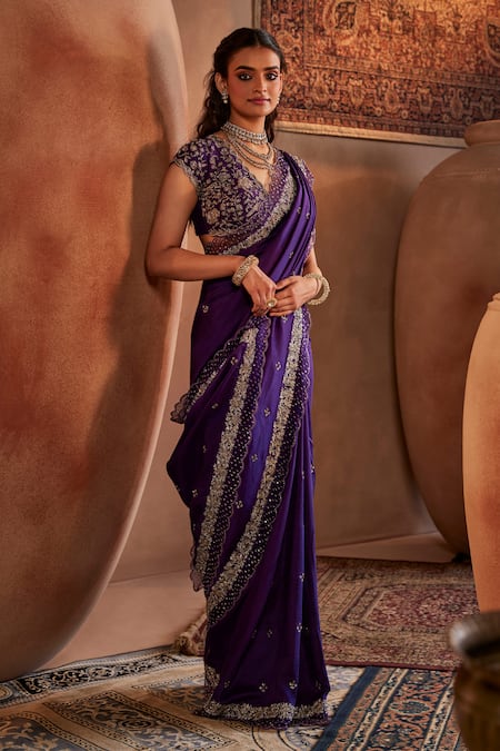Manvi Kapoor_Purple Silk, Satin, Brocade Cut Work, Floral Cutdana Embroidered Saree Set _Online_at_Aza_Fashions