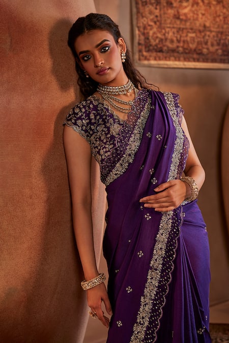 Buy_Manvi Kapoor_Purple Silk, Satin, Brocade Cut Work, Floral Cutdana Embroidered Saree Set _Online_at_Aza_Fashions