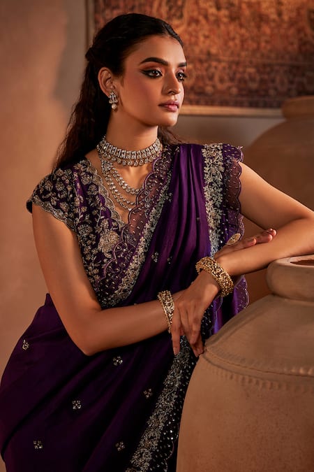 Shop_Manvi Kapoor_Purple Silk, Satin, Brocade Cut Work, Floral Cutdana Embroidered Saree Set _Online_at_Aza_Fashions