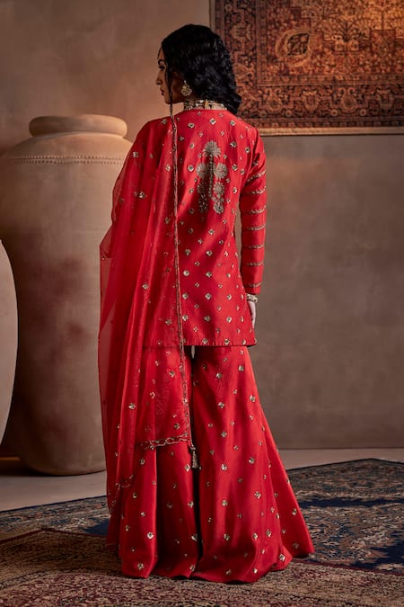 Manvi Kapoor Scarlet Silk Hand Embroidered Kurta Gharara Set 