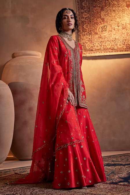 Buy_Manvi Kapoor_Red Silk, Organza Sequins, Cut Work Scarlet Hand Embroidered Kurta Gharara Set _Online_at_Aza_Fashions