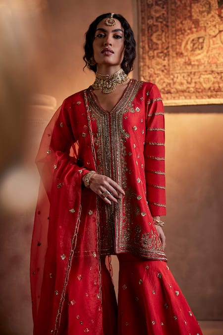 Shop_Manvi Kapoor_Red Silk, Organza Sequins, Cut Work Scarlet Hand Embroidered Kurta Gharara Set _Online_at_Aza_Fashions