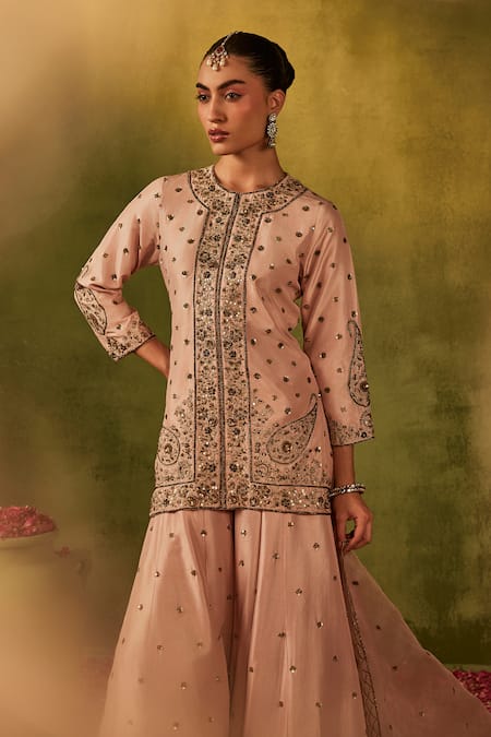 Shop Manvi Kapoor Pink Silk, Organza Sequins, Cut Work, Zardozi Embroidered Kurta Sharara Set Online at Aza Fashions Shop_Manvi Kapoor_Pink Silk, Organza Sequins, Cut Work, Zardozi Embroidered Kurta Sharara Set _Online_at_Aza_Fashions