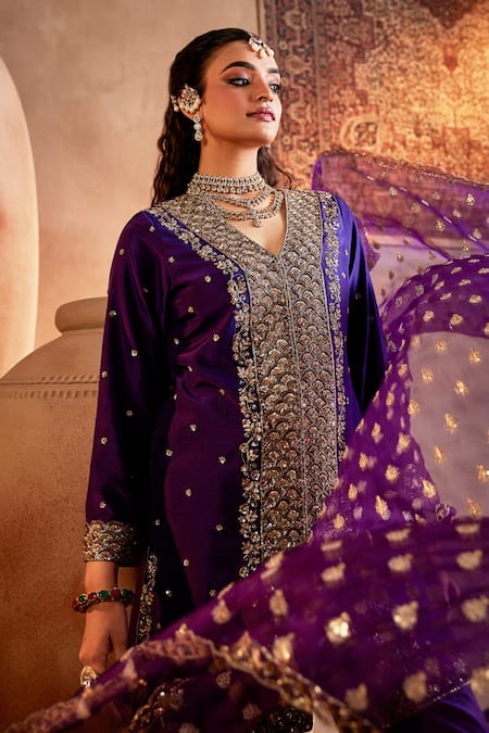 Buy Manvi Kapoor Purple Silk, Organza Sequins, Zari, Cut Work V-neck Aari Kurta Dhoti Set Online at Aza Fashions Buy_Manvi Kapoor_Purple Silk, Organza Sequins, Zari, Cut Work V-neck Aari Kurta Dhoti Set _Online_at_Aza_Fashions