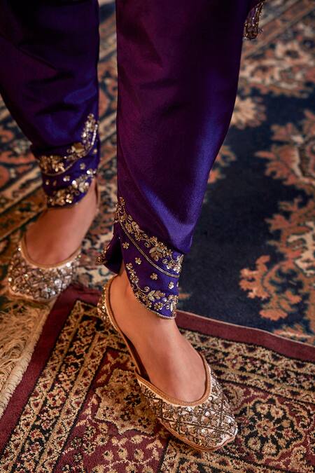 Shop Manvi Kapoor Purple Silk, Organza Sequins, Zari, Cut Work V-neck Aari Kurta Dhoti Set Online at Aza Fashions Shop_Manvi Kapoor_Purple Silk, Organza Sequins, Zari, Cut Work V-neck Aari Kurta Dhoti Set _Online_at_Aza_Fashions