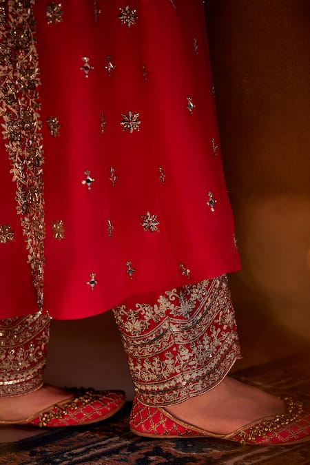 Shop_Manvi Kapoor_Red Silk, Organza Mirrors, Sequins, Embroidery, Zari Hand Anarkali Pant Set _Online_at_Aza_Fashions