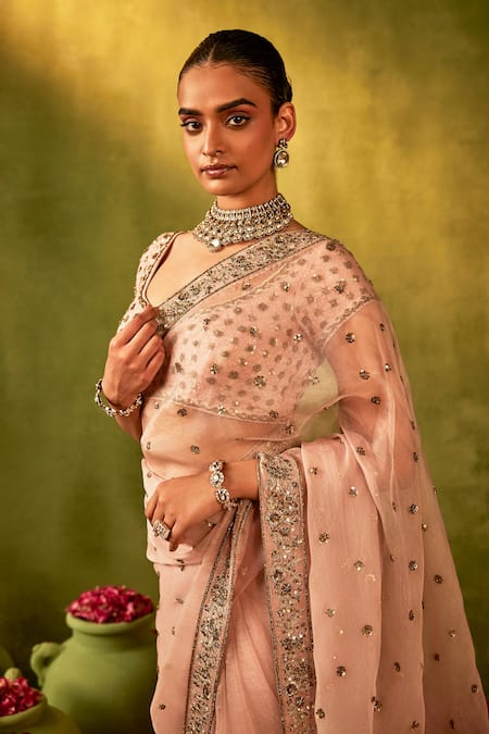 Buy_Manvi Kapoor_Pink Silk, Organza, Satin Sequins, Embroidery, Cut Work Hand Saree Set _Online_at_Aza_Fashions