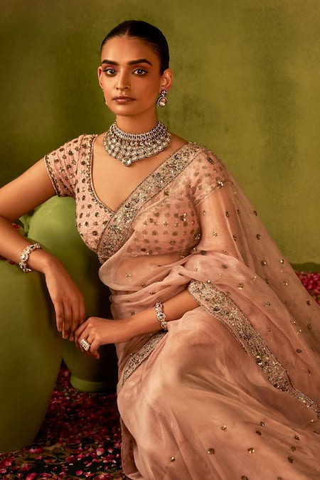 Shop_Manvi Kapoor_Pink Silk, Organza, Satin Sequins, Embroidery, Cut Work Hand Saree Set _Online_at_Aza_Fashions