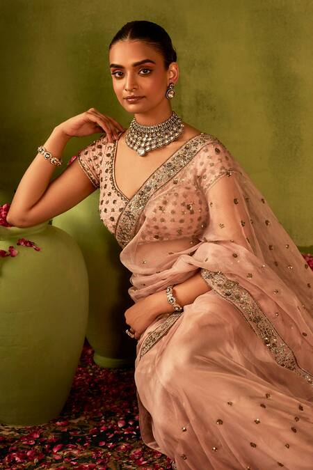 Manvi Kapoor_Pink Silk, Organza, Satin Sequins, Embroidery, Cut Work Hand Saree Set _at_Aza_Fashions
