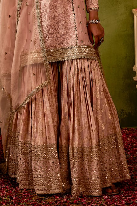 Manvi Kapoor_Pink Georgette, Brocade, Organza Sequins, Cut Hand Embroidered Kurta Gharara Set _Online_at_Aza_Fashions