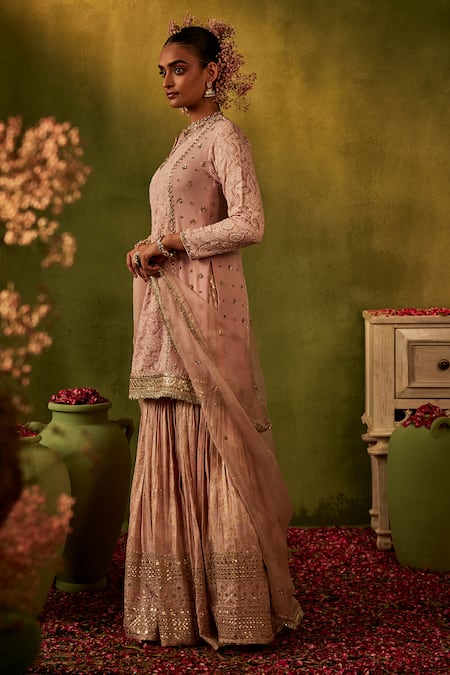 Buy_Manvi Kapoor_Pink Georgette, Brocade, Organza Sequins, Cut Hand Embroidered Kurta Gharara Set _Online_at_Aza_Fashions