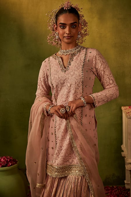 Shop_Manvi Kapoor_Pink Georgette, Brocade, Organza Sequins, Cut Hand Embroidered Kurta Gharara Set _Online_at_Aza_Fashions