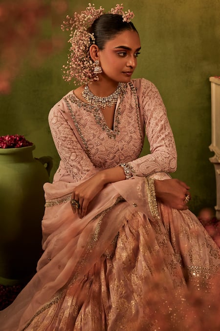 Manvi Kapoor_Pink Georgette, Brocade, Organza Sequins, Cut Hand Embroidered Kurta Gharara Set _at_Aza_Fashions