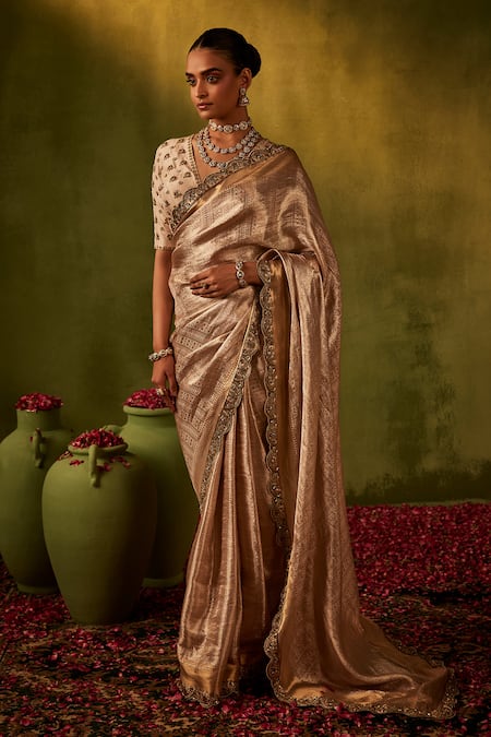 Buy_Manvi Kapoor_Pink Silk, Satin, Tissue Sequins, Cut Work Plunge Embroidered Banarasi Saree Set _Online_at_Aza_Fashions