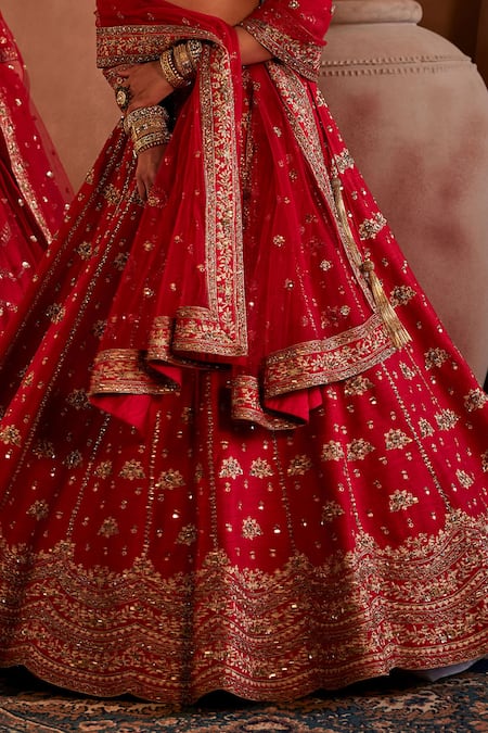 Buy_Manvi Kapoor_Red Silk, Net Sequins, Cut Work, Embroidery Floral Vine Bridal Lehenga Set _Online_at_Aza_Fashions