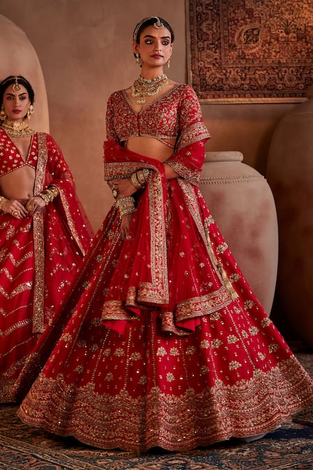 Shop_Manvi Kapoor_Red Silk, Net Sequins, Cut Work, Embroidery Floral Vine Bridal Lehenga Set _Online_at_Aza_Fashions