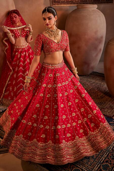 Manvi Kapoor_Red Silk, Net Sequins, Cut Work, Embroidery Floral Vine Bridal Lehenga Set _at_Aza_Fashions