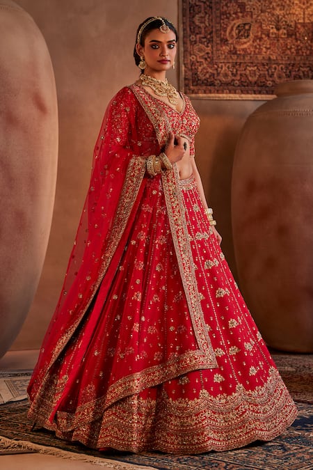 Buy_Manvi Kapoor_Red Silk, Net Sequins, Cut Work, Embroidery Floral Vine Bridal Lehenga Set 