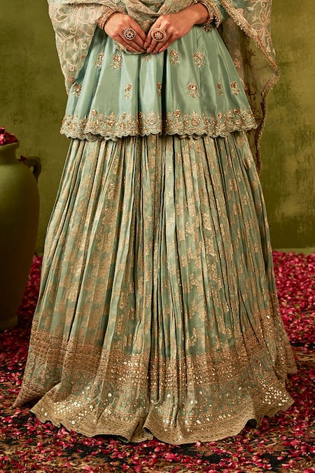 Manvi Kapoor_Blue Silk, Organza, Brocade Sequins, Embroidery Round Floral Kurta Lehenga Set _Online_at_Aza_Fashions