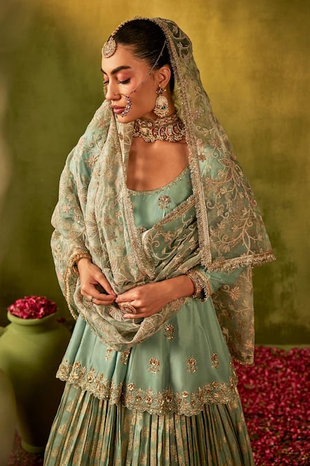 Buy_Manvi Kapoor_Blue Silk, Organza, Brocade Sequins, Embroidery Round Floral Kurta Lehenga Set _Online_at_Aza_Fashions