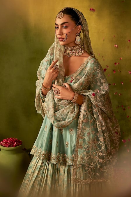 Shop_Manvi Kapoor_Blue Silk, Organza, Brocade Sequins, Embroidery Round Floral Kurta Lehenga Set _Online_at_Aza_Fashions