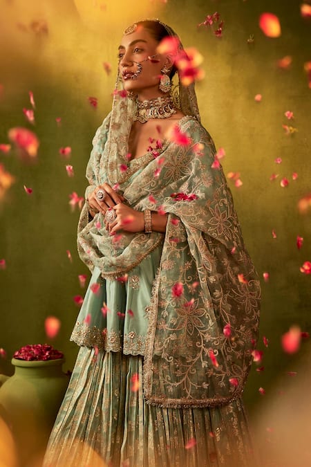 Manvi Kapoor_Blue Silk, Organza, Brocade Sequins, Embroidery Round Floral Kurta Lehenga Set _at_Aza_Fashions