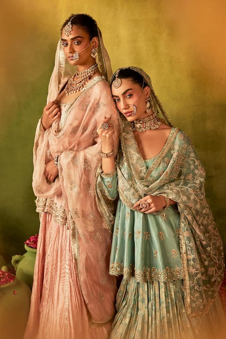 Buy_Manvi Kapoor_Blue Silk, Organza, Brocade Sequins, Embroidery Round Floral Kurta Lehenga Set 