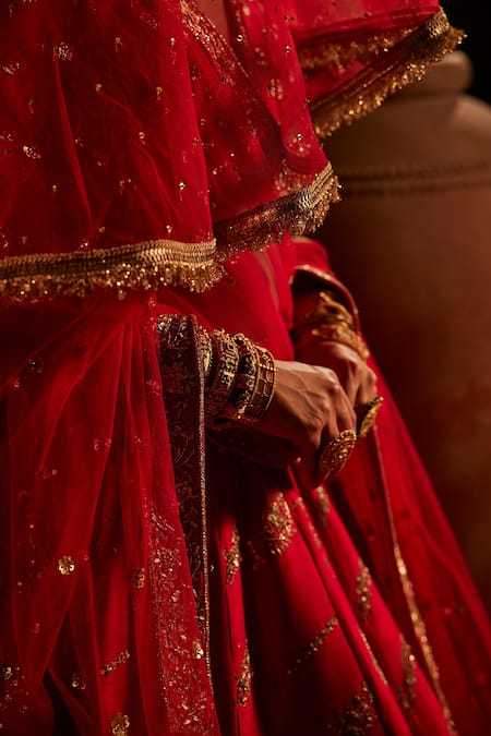 Shop Manvi Kapoor Red Silk, Net Cut Work, Sequins, Embroidery Plunge Neck Bridal Lehenga Set Online at Aza Fashions Shop_Manvi Kapoor_Red Silk, Net Cut Work, Sequins, Embroidery Plunge Neck Bridal Lehenga Set _Online_at_Aza_Fashions