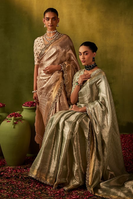 Buy_Manvi Kapoor_Green Silk, Satin, Tissue Cut Work, Embroidered Banarasi Saree And Blouse Set _Online_at_Aza_Fashions