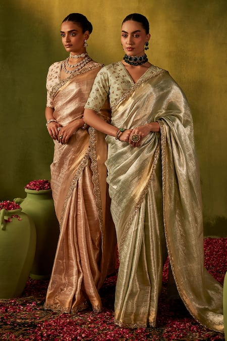 Shop_Manvi Kapoor_Green Silk, Satin, Tissue Cut Work, Embroidered Banarasi Saree And Blouse Set _Online_at_Aza_Fashions