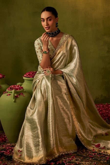 Manvi Kapoor_Green Silk, Satin, Tissue Cut Work, Embroidered Banarasi Saree And Blouse Set _at_Aza_Fashions