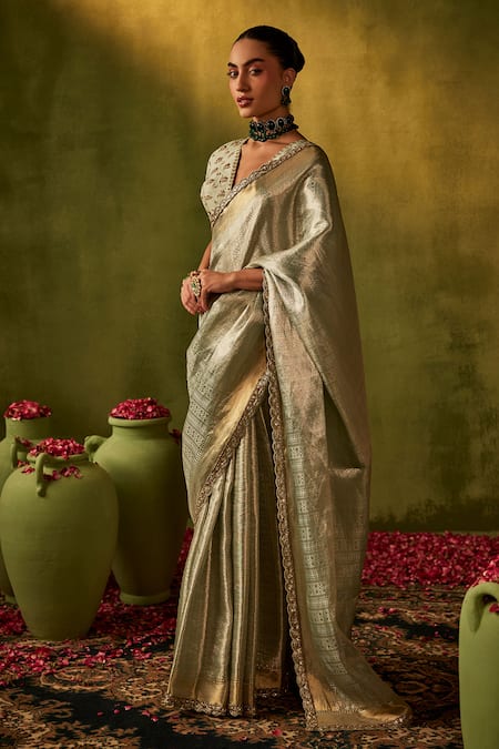 Buy_Manvi Kapoor_Green Silk, Satin, Tissue Cut Work, Embroidered Banarasi Saree And Blouse Set 