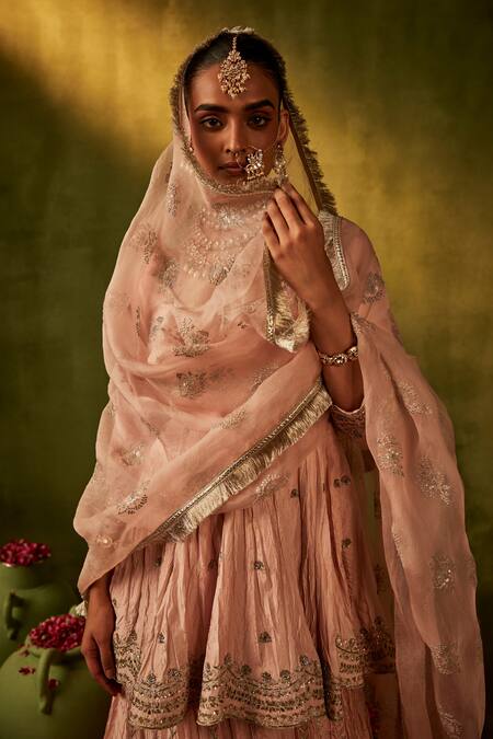 Buy_Manvi Kapoor_Pink Organza, Silk Zari, Embroidery Floral Zardozi Peplum Kurta Lehenga Set _Online_at_Aza_Fashions