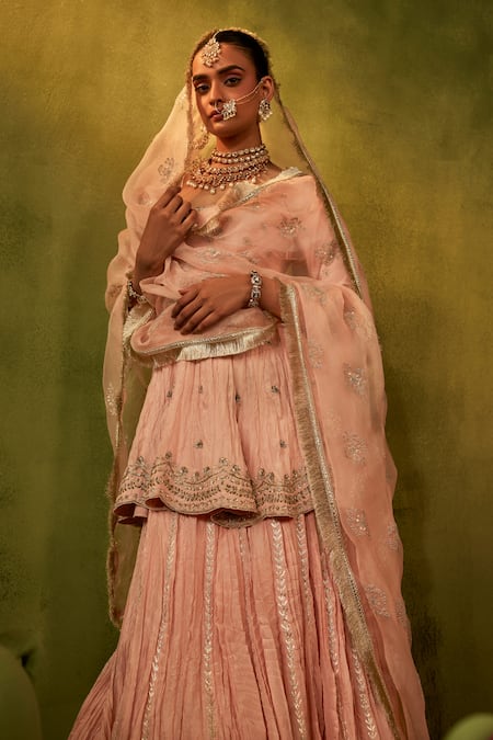 Shop_Manvi Kapoor_Pink Organza, Silk Zari, Embroidery Floral Zardozi Peplum Kurta Lehenga Set _Online_at_Aza_Fashions