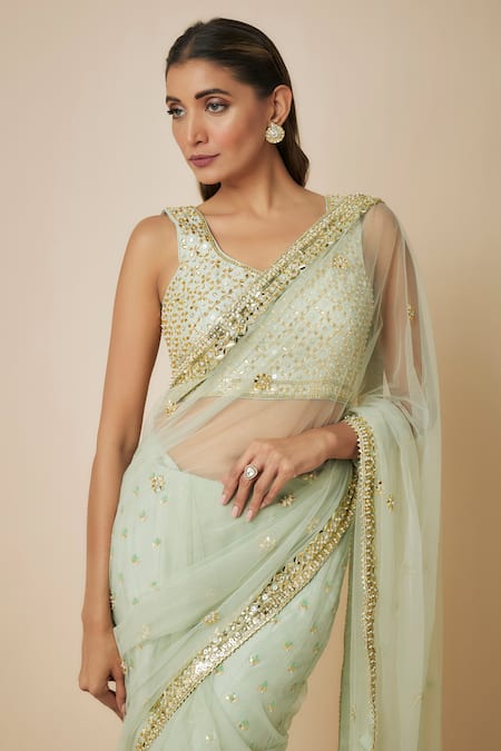 Mehak Murpana_Green Net, Crepe Sequins Bloom Embellished Sharara Set _Online_at_Aza_Fashions