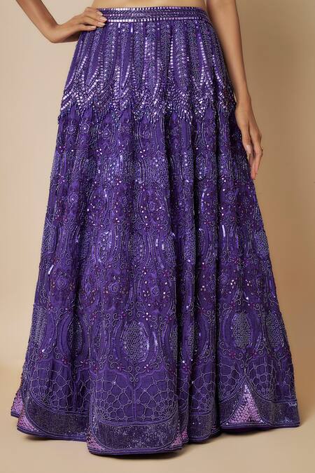Mehak Murpana Purple Organza, Denim, Crepe Embroidery, Cut Work V-neck Bloom Lehenga Set Online at Aza Fashions Mehak Murpana_Purple Organza, Denim, Crepe Embroidery, Cut Work V-neck Bloom Lehenga Set _Online_at_Aza_Fashions