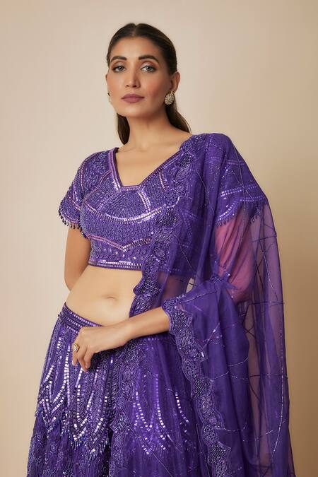 Buy Mehak Murpana Purple Organza, Denim, Crepe Embroidery, Cut Work V-neck Bloom Lehenga Set Online at Aza Fashions Buy_Mehak Murpana_Purple Organza, Denim, Crepe Embroidery, Cut Work V-neck Bloom Lehenga Set _Online_at_Aza_Fashions