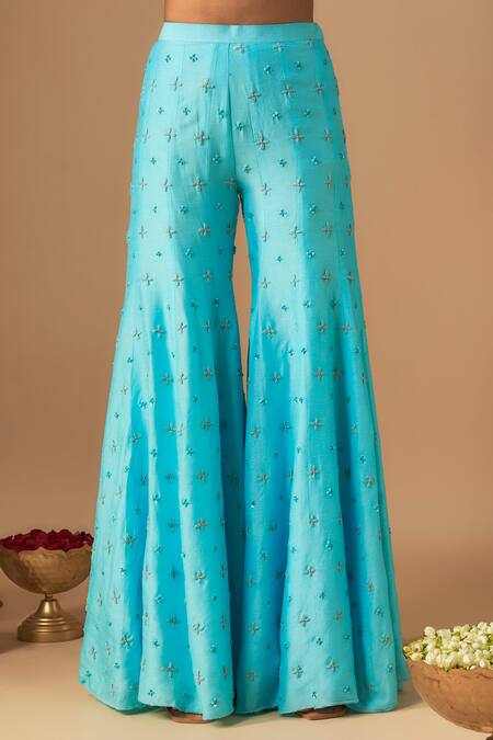 Mehak Murpana_Sky Blue Net, Crepe Cut Work, Pearls Cutdana Jaal Blossom Sharara Saree Set _Online_at_Aza_Fashions