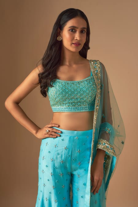 Buy_Mehak Murpana_Sky Blue Net, Crepe Cut Work, Pearls Cutdana Jaal Blossom Sharara Saree Set _Online_at_Aza_Fashions
