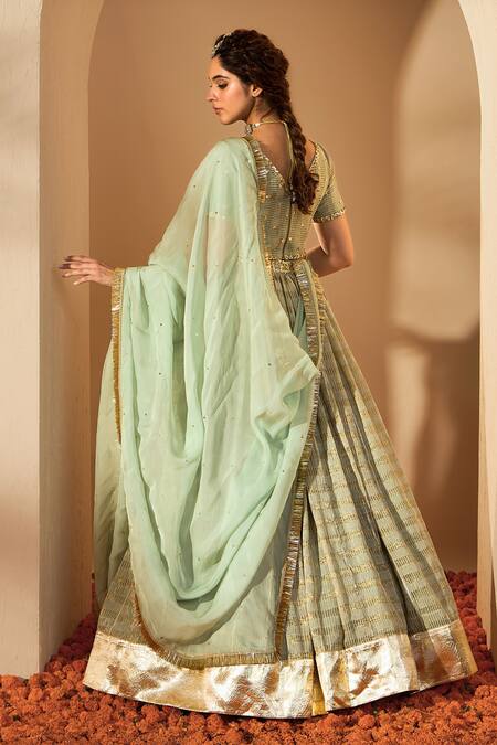 Shop_Roohbyridhimaa_Green Organza, Gota Patti, Sequins, Sage Stripe Lehenga Set _at_Aza_Fashions